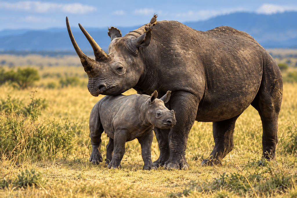 A black rhino mother standing protectively beside her calf in a golden African savanna, surrounded by dry grassland with distant hills in the background.
