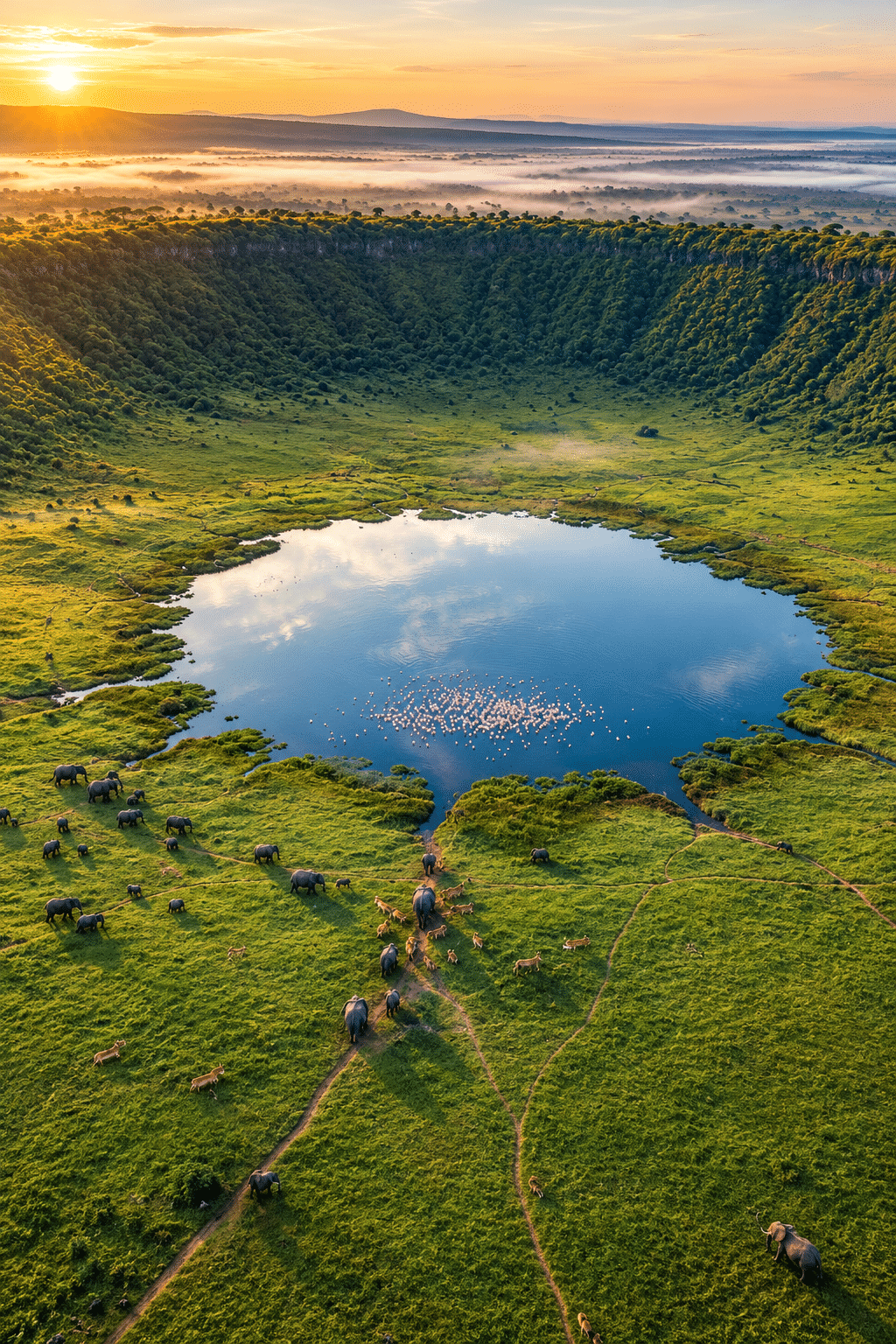 Flamingo over the ngorongoro crater
